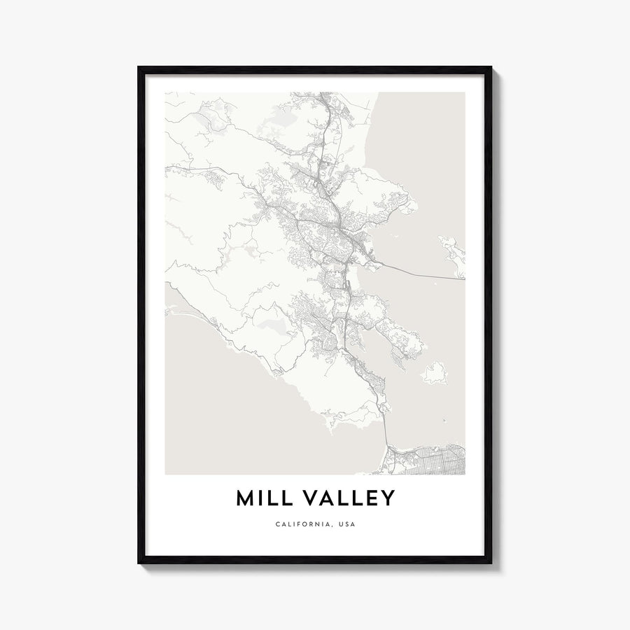 Mill Valley black & white map poster of California, USA – vertical wall art, unframed print shown in interior mockup