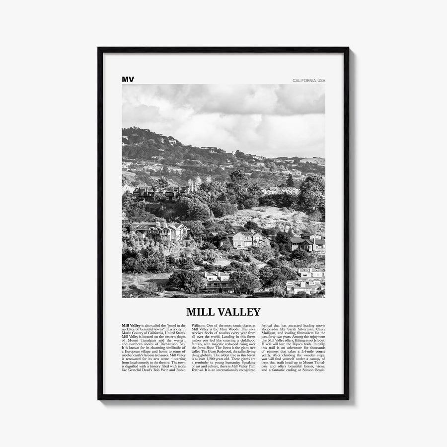 Mill Valley black & white newspaper poster of California, USA – vertical wall art, unframed print shown in interior mockup