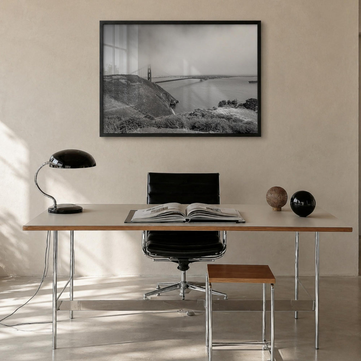 Mill Valley black & white photo poster of California, USA – horizontal wall art in black wood frame, hanging on wall