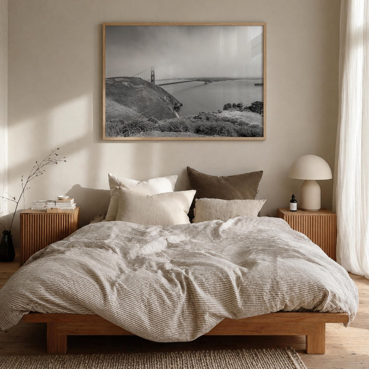 Mill Valley black & white photo poster of California, USA – horizontal wall art in natural wood frame, hanging on wall