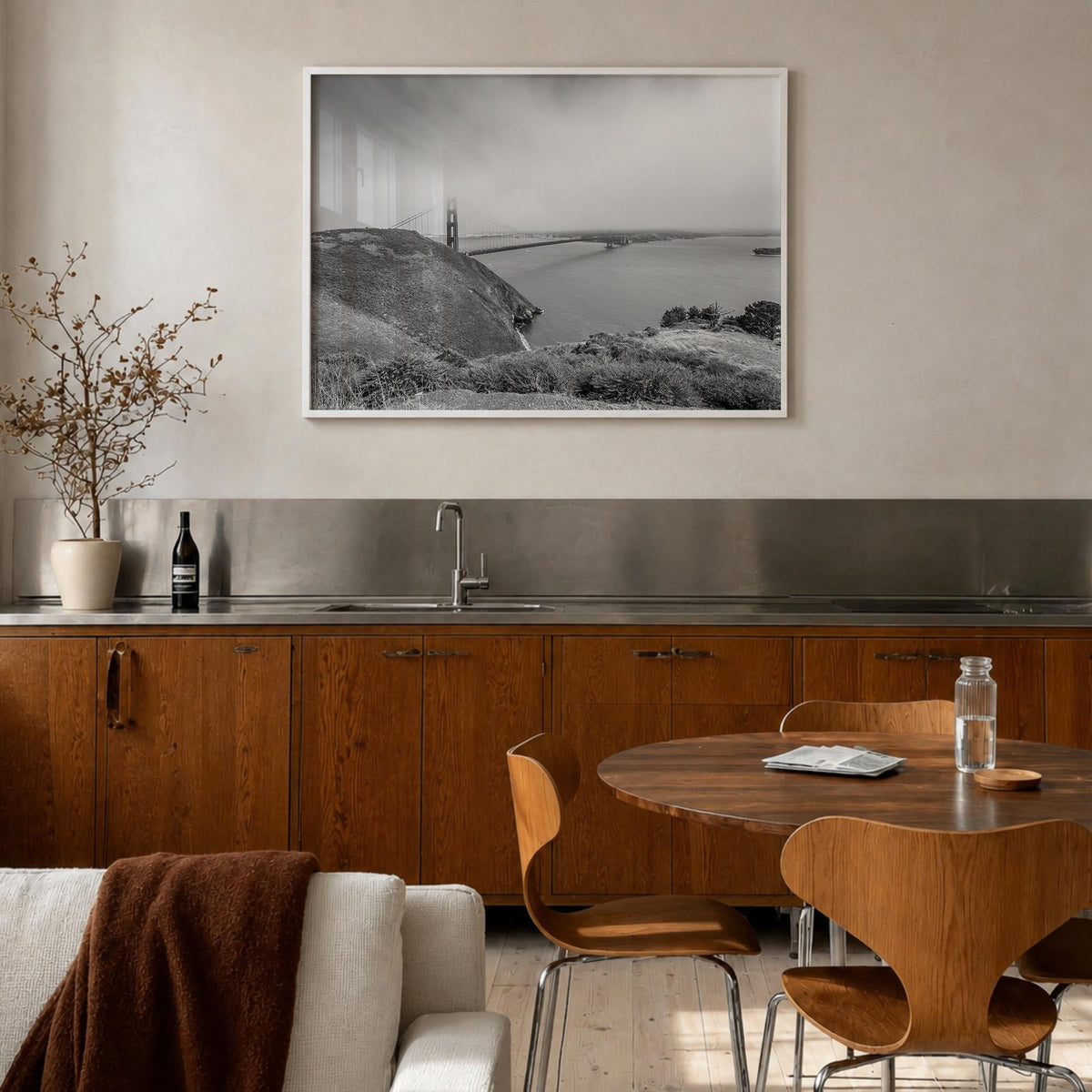 Mill Valley black & white photo poster of California, USA – horizontal wall art in white wood frame, hanging on wall