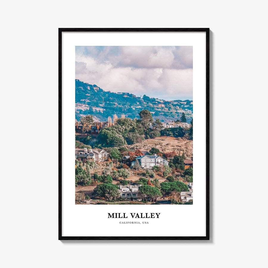 Mill Valley colorful classic poster of California, USA – vertical wall art, unframed print shown in interior mockup