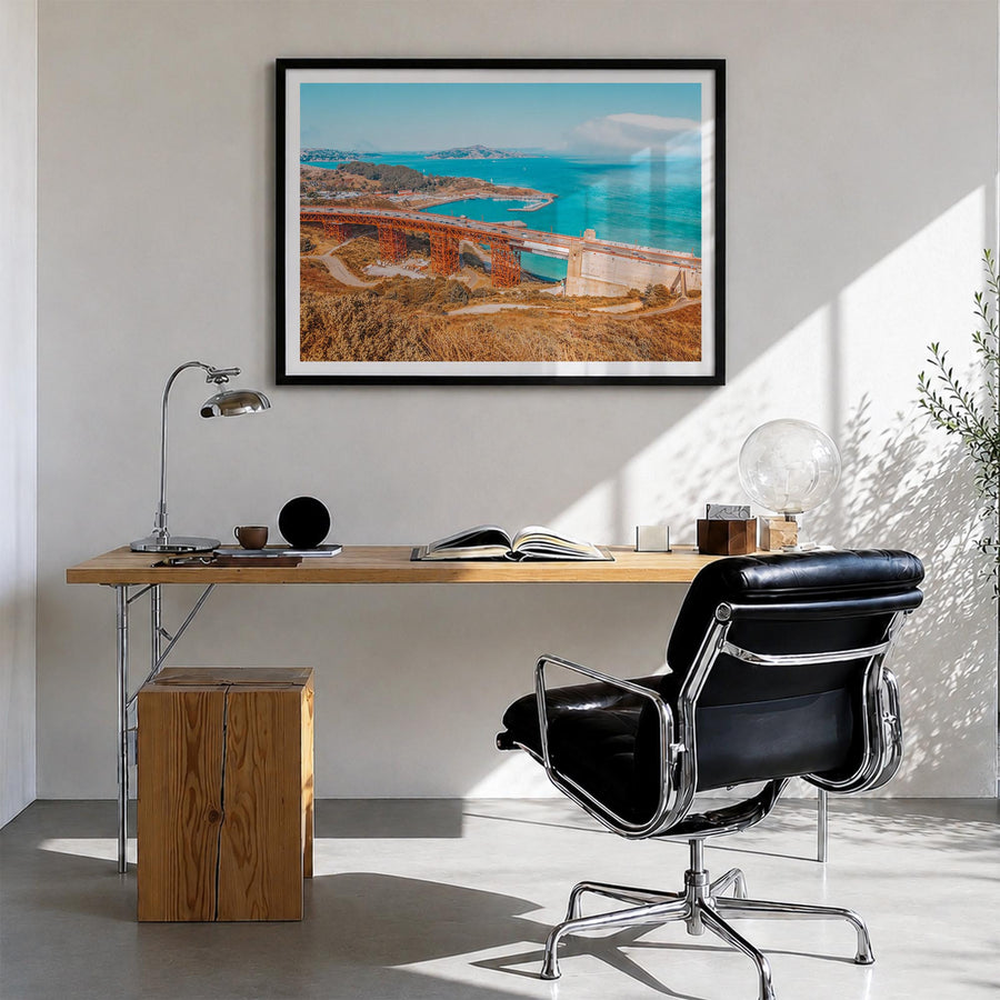 Mill Valley colorful photo poster of California, USA – horizontal wall art in black wood frame with white border, hanging on 