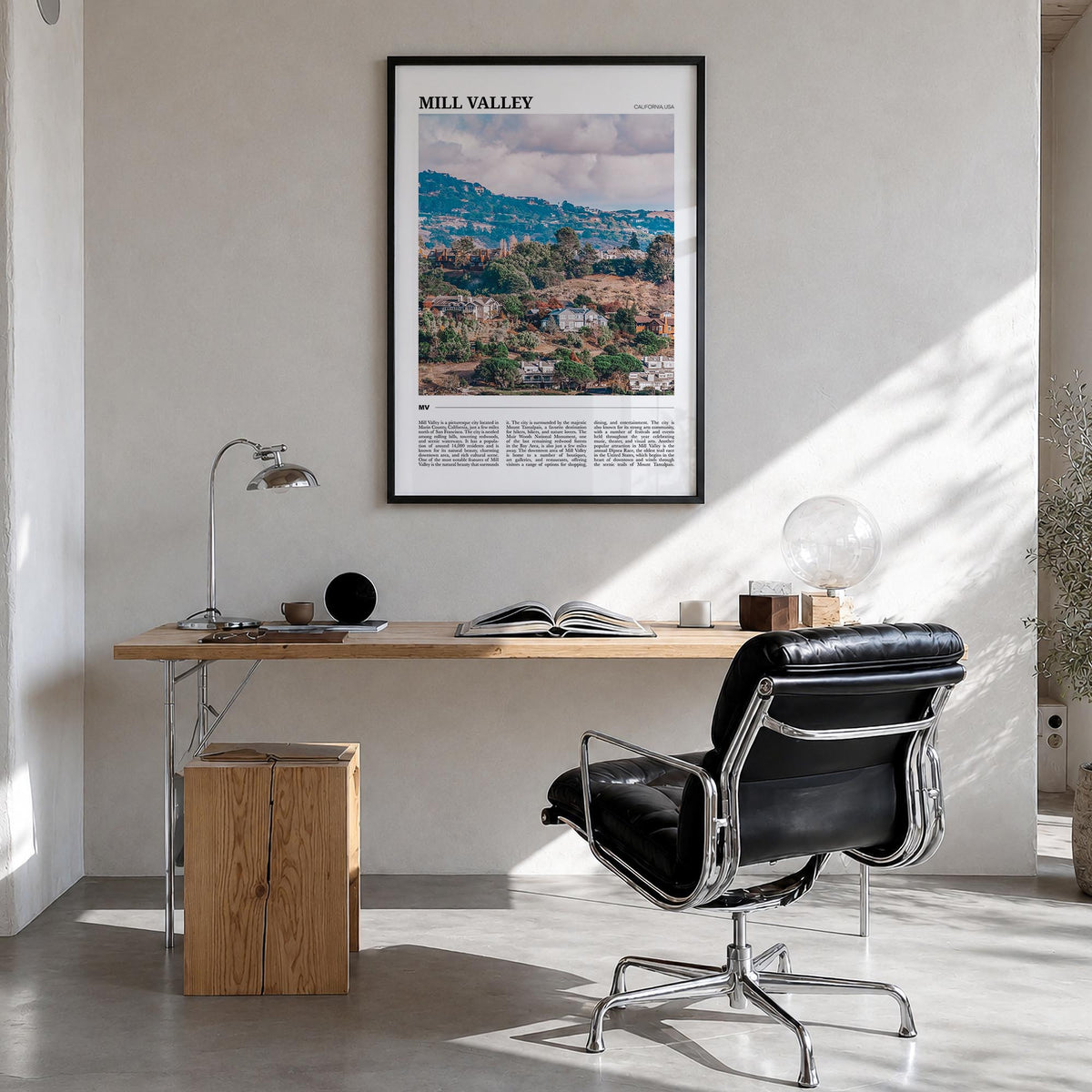 Mill Valley colorful travel poster of California, USA – vertical wall art in black wood frame, hanging on wall