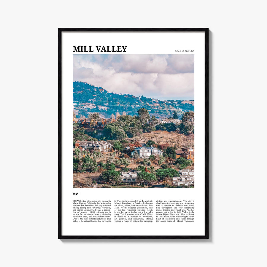 Mill Valley colorful travel poster of California, USA – vertical wall art, unframed print shown in interior mockup