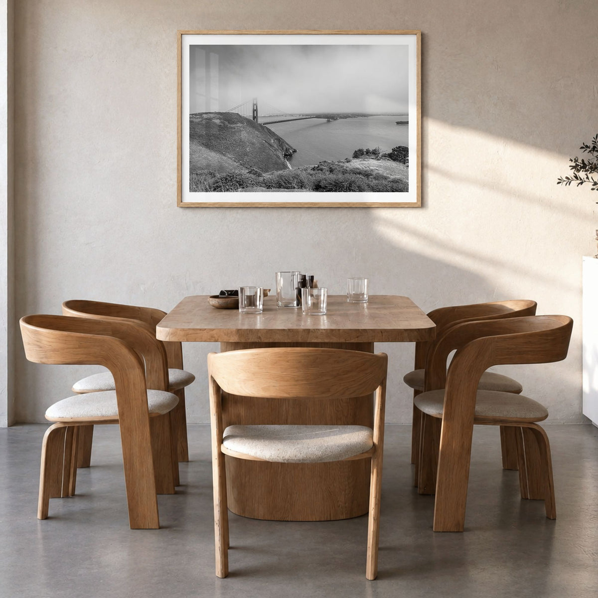 Mill Valley Photo Poster in a natural wood frame, hanging in a dining room, white border
