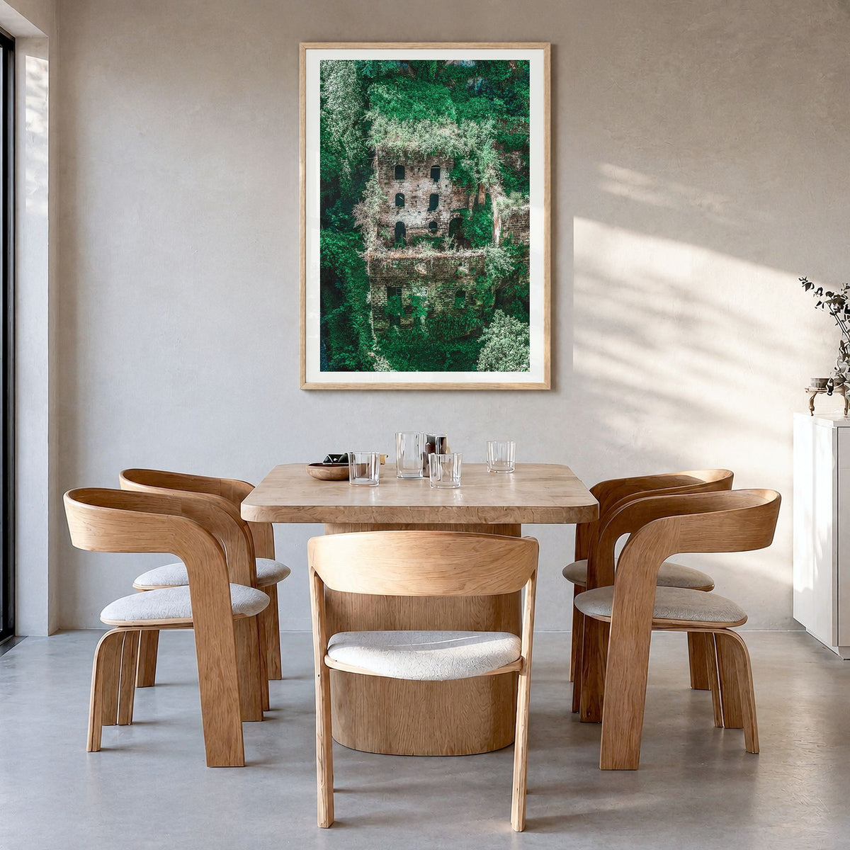 Mill Valley Photo Poster in a natural wood frame, hanging in a dining room, white border