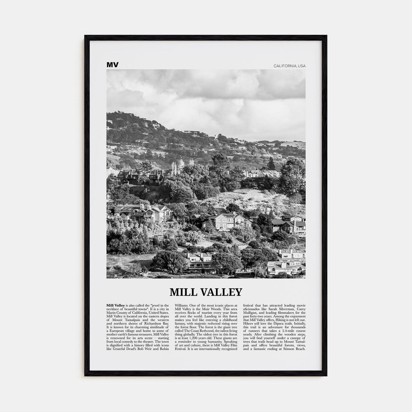 Mill Valley Poster Black Wood / 8x12 in Nbourhood Travel B&W Poster