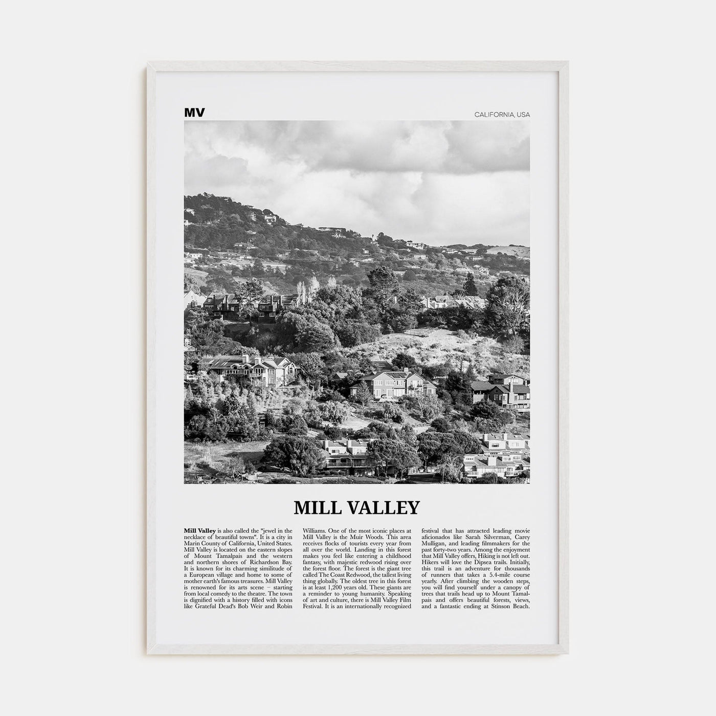 Mill Valley Poster White Wood / 8x12 in Nbourhood Travel B&W Poster