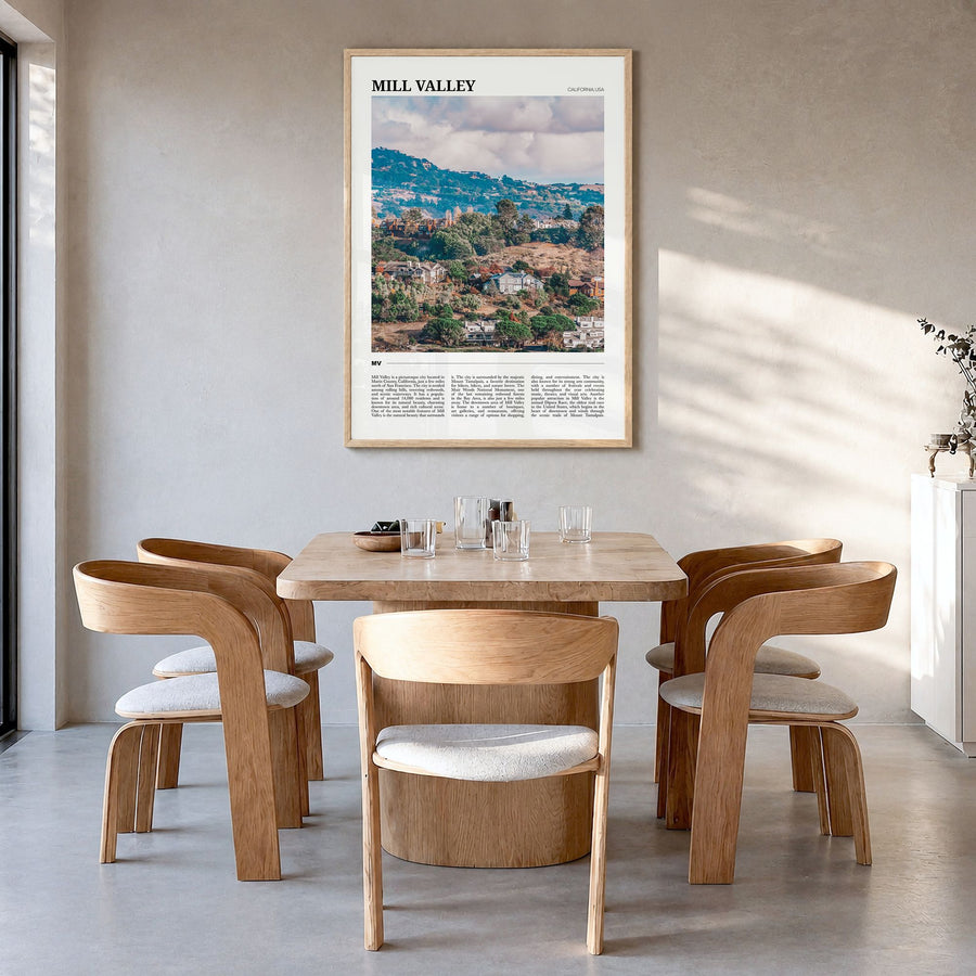 Mill Valley Travel Poster in a natural wood frame, hanging in a dining room