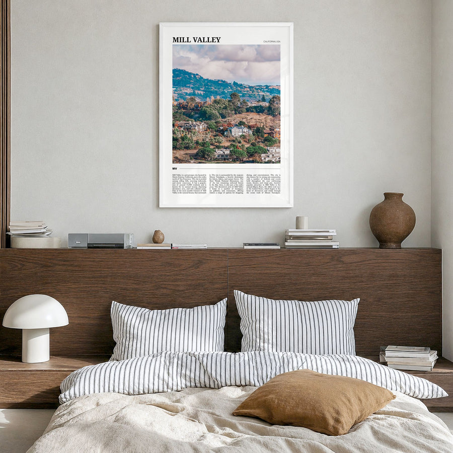 Mill Valley Travel Poster in a white wood frame, hanging in a bedroom