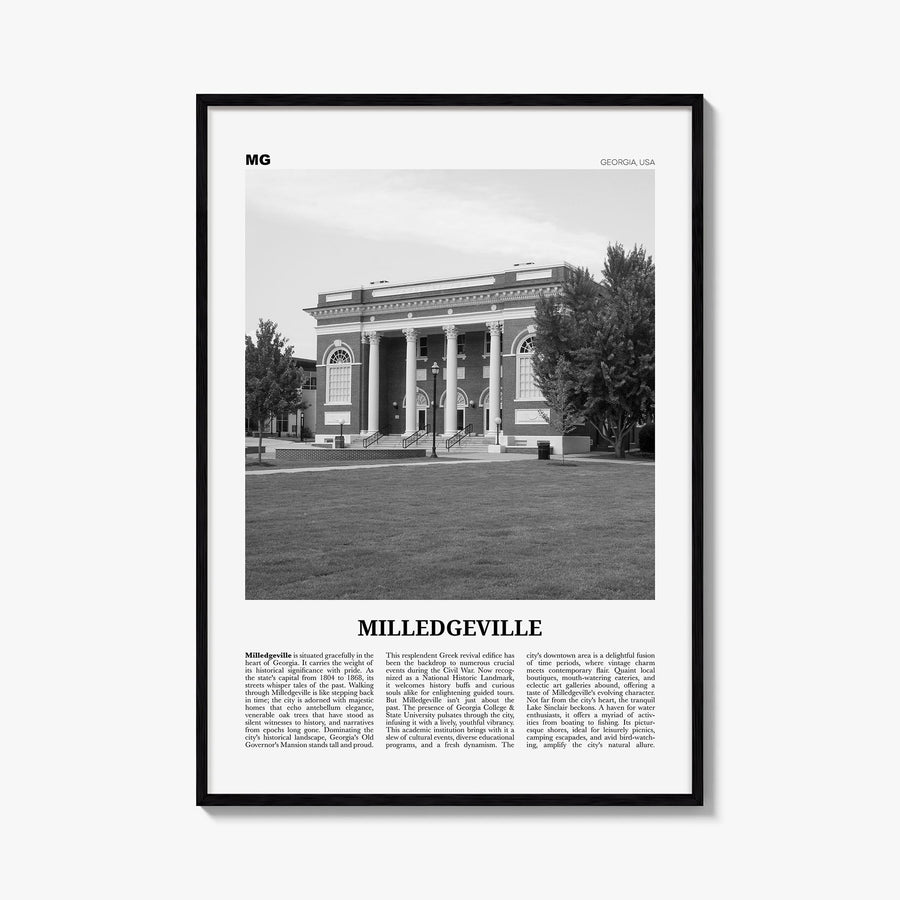 Milledgeville black & white newspaper poster of Georgia, USA – vertical wall art, unframed print shown in interior mockup