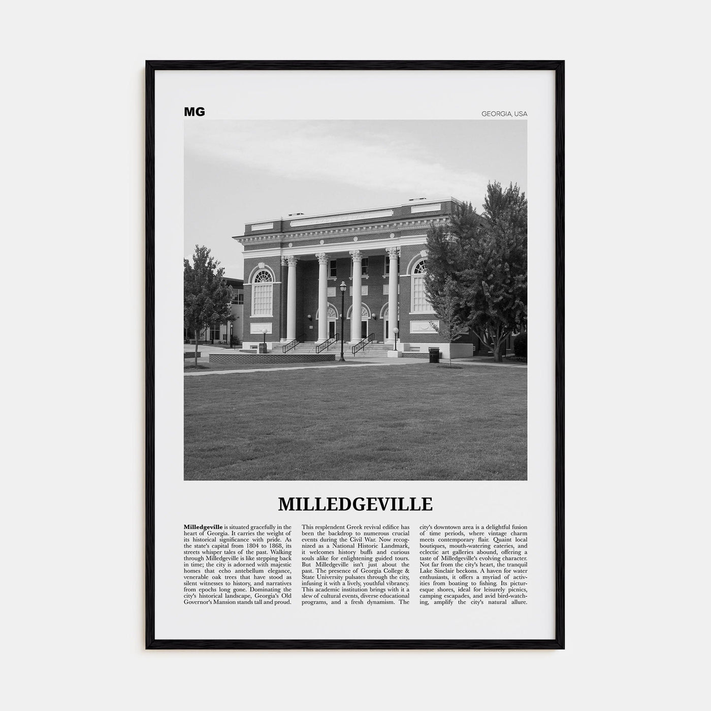 Milledgeville Poster Black Wood / 8x12 in Nbourhood Travel B&W Poster
