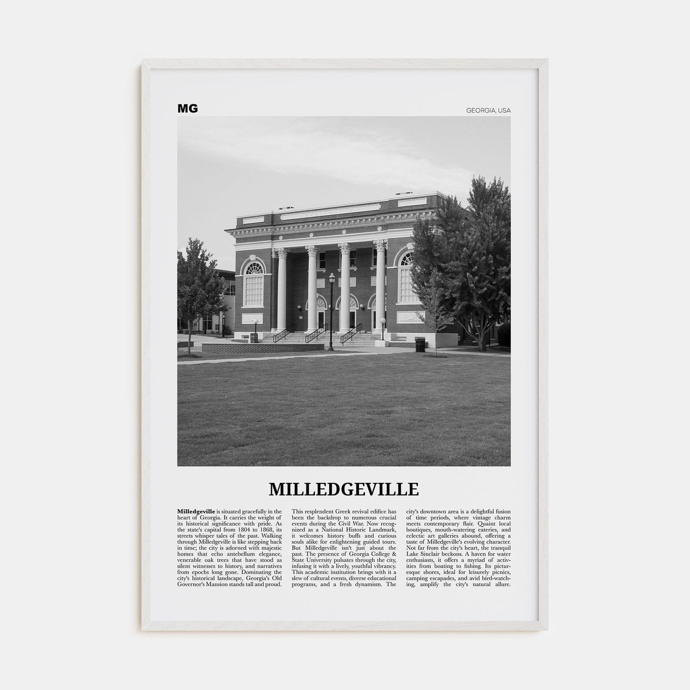Milledgeville Poster White Wood / 8x12 in Nbourhood Travel B&W Poster