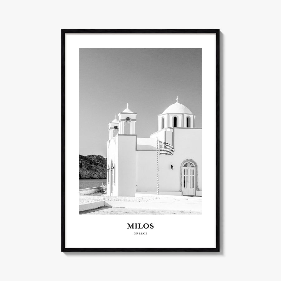 Milos black & white classic poster of Greece – vertical wall art, unframed print shown in interior mockup