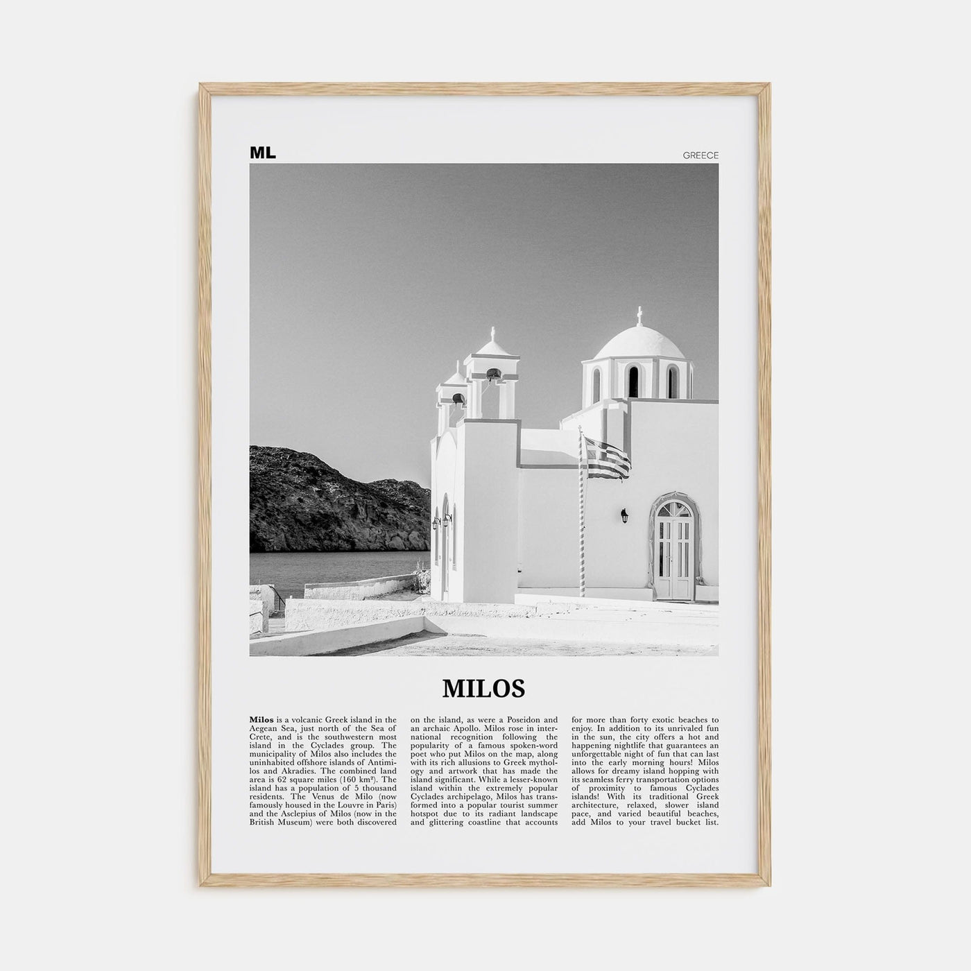 Milos Poster Natural Wood / 8x12 in Nbourhood Travel B&W Poster