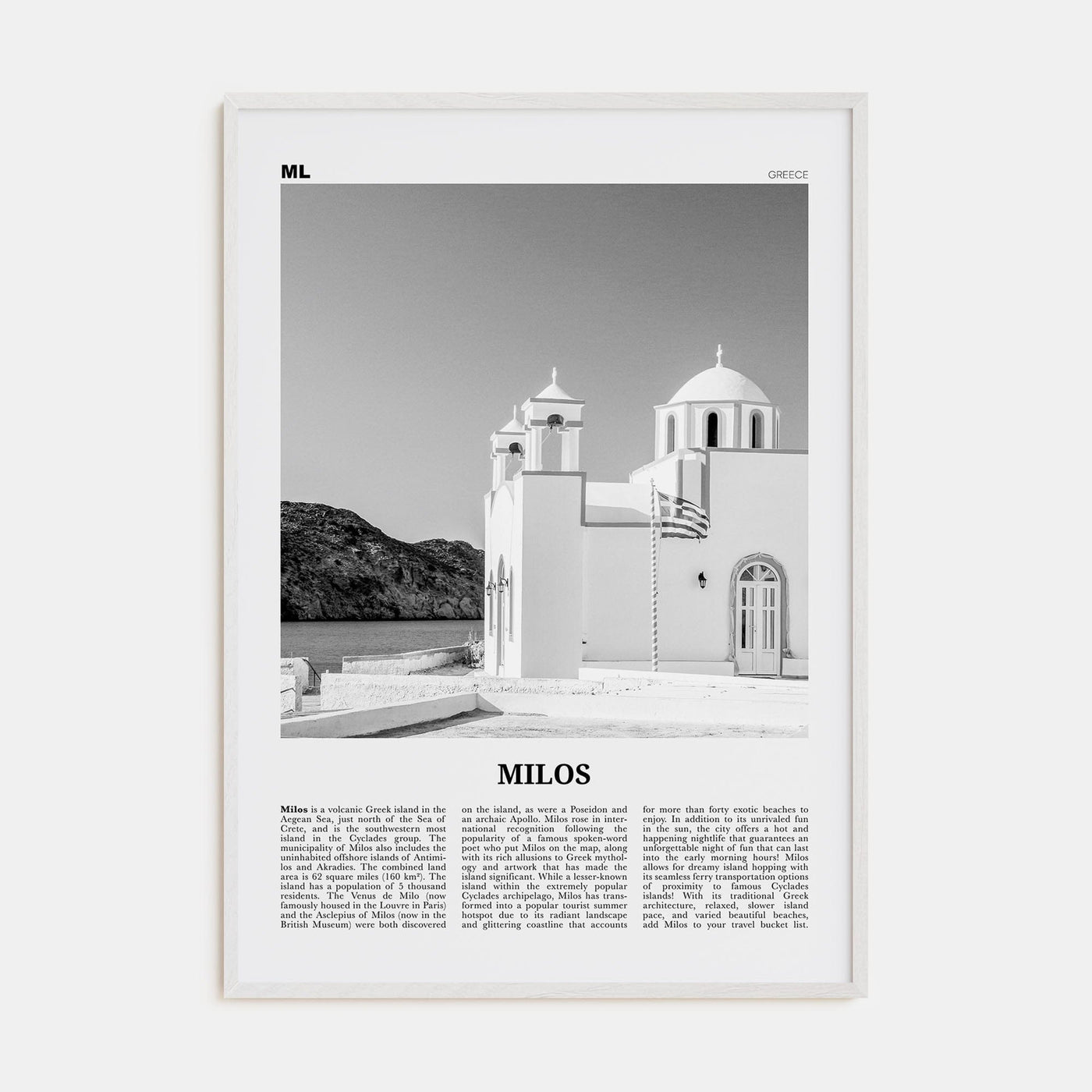 Milos Poster White Wood / 8x12 in Nbourhood Travel B&W Poster