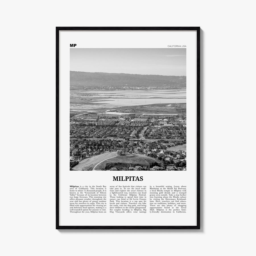 Milpitas black & white newspaper poster of California, USA – vertical wall art, unframed print shown in interior mockup