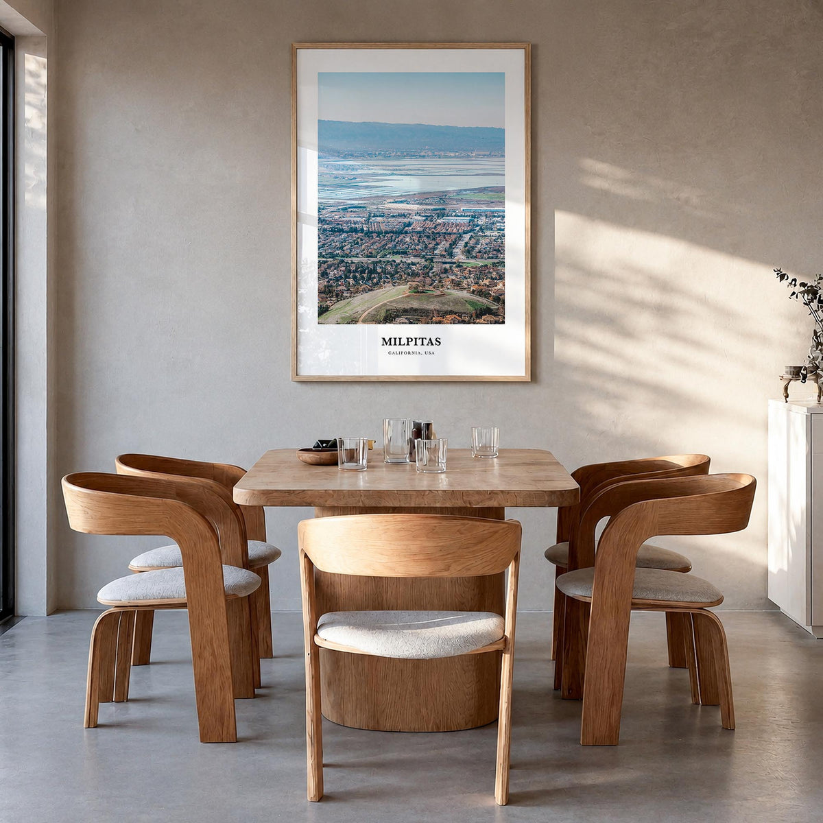 Milpitas colorful classic poster of California, USA – vertical wall art in natural wood frame, hanging on wall