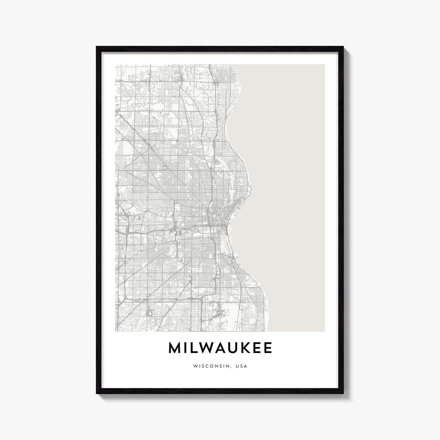 Milwaukee black & white map poster of Wisconsin, USA – vertical wall art, unframed print shown in interior mockup