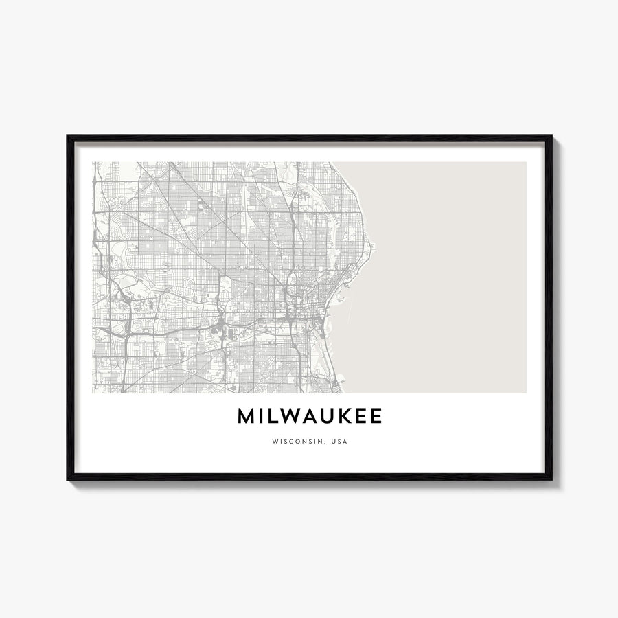 Milwaukee black & white map poster of Wisconsin, USA – horizontal wall art, unframed print shown in interior mockup