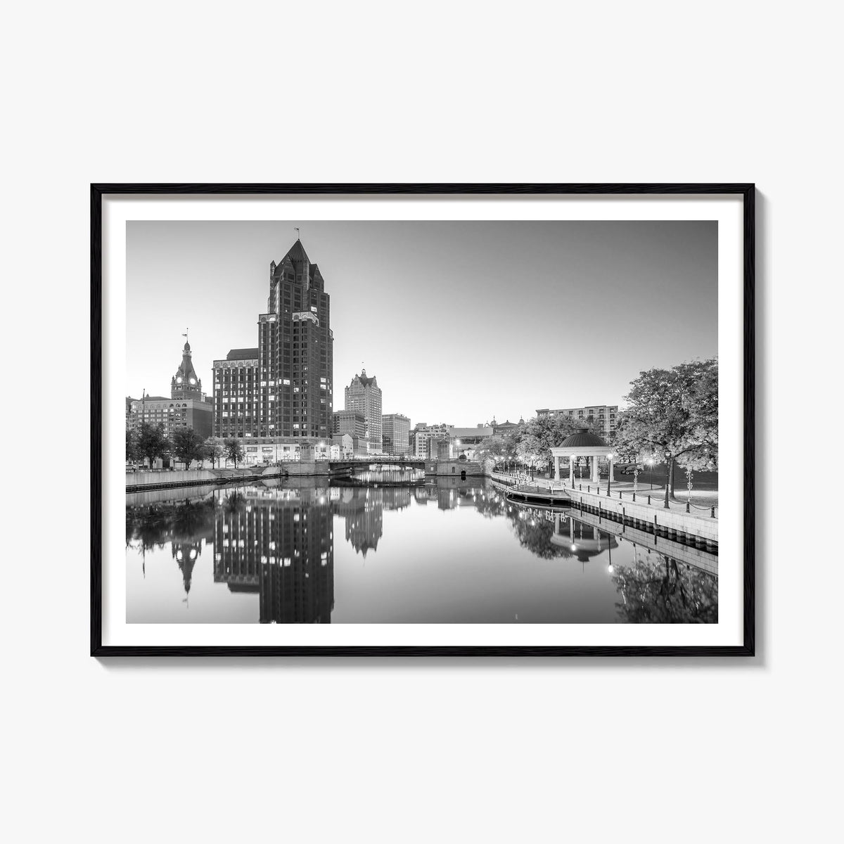 Milwaukee black & white photo poster of Wisconsin, USA – horizontal wall art, unframed print shown in interior mockup