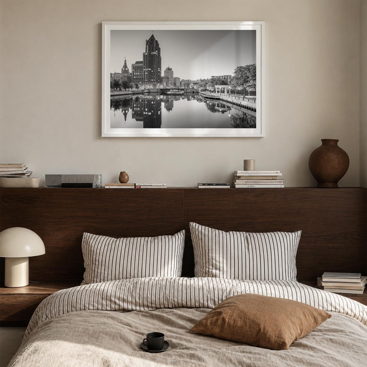 Milwaukee black & white photo poster of Wisconsin, USA – horizontal wall art in white wood frame with white border, hanging o