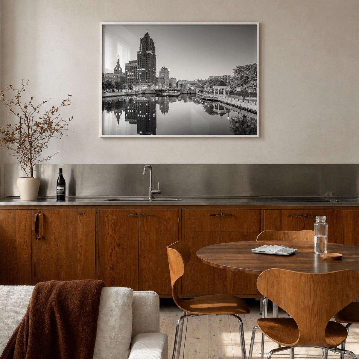 Milwaukee black & white photo poster of Wisconsin, USA – horizontal wall art in white wood frame, hanging on wall