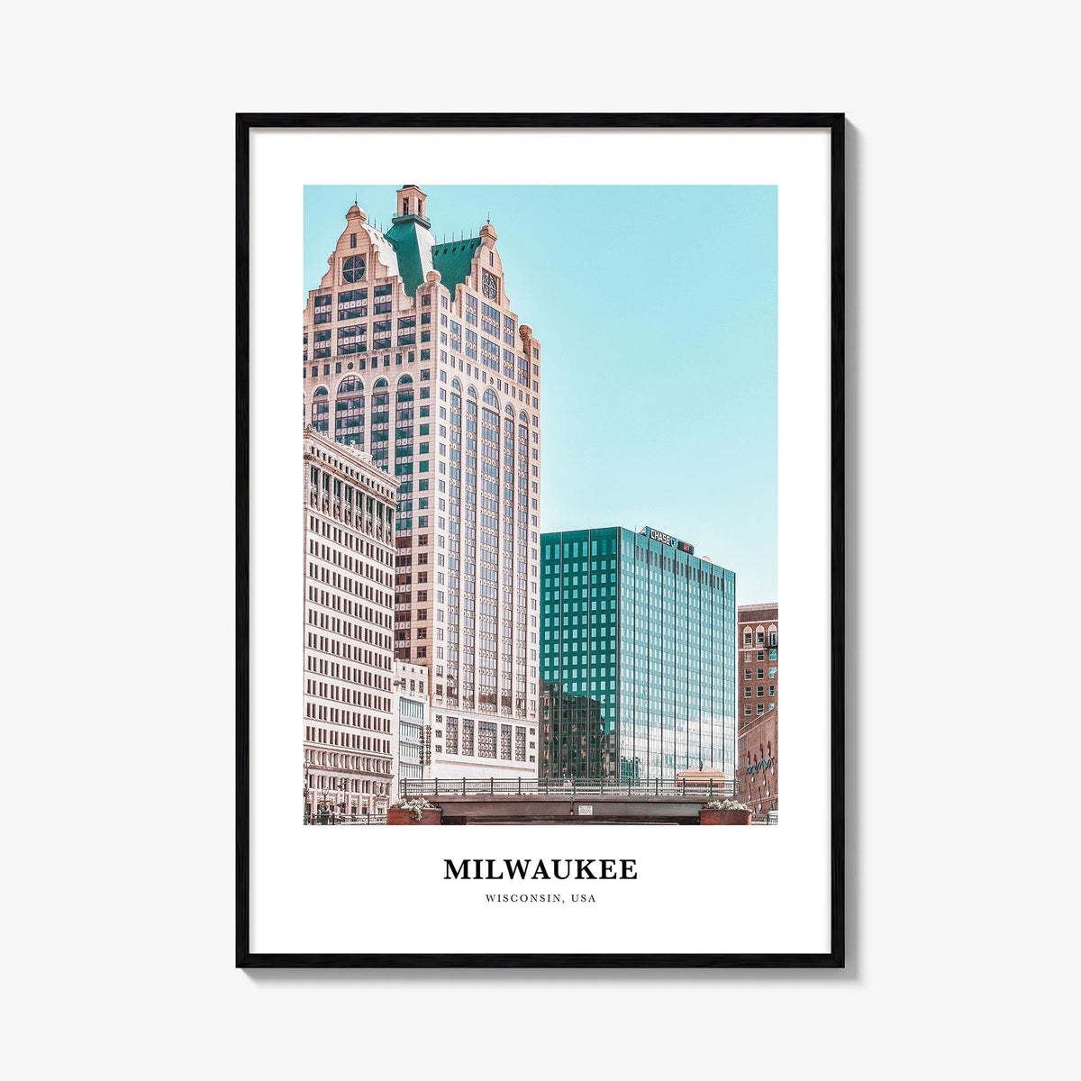Milwaukee colorful classic poster of Wisconsin, USA – vertical wall art, unframed print shown in interior mockup