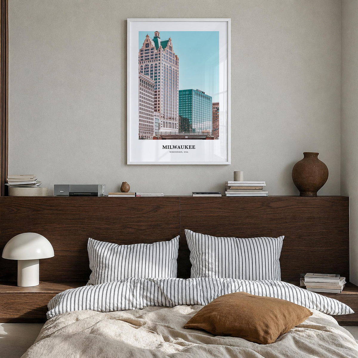 Milwaukee colorful classic poster of Wisconsin, USA – vertical wall art in white wood frame, hanging on wall