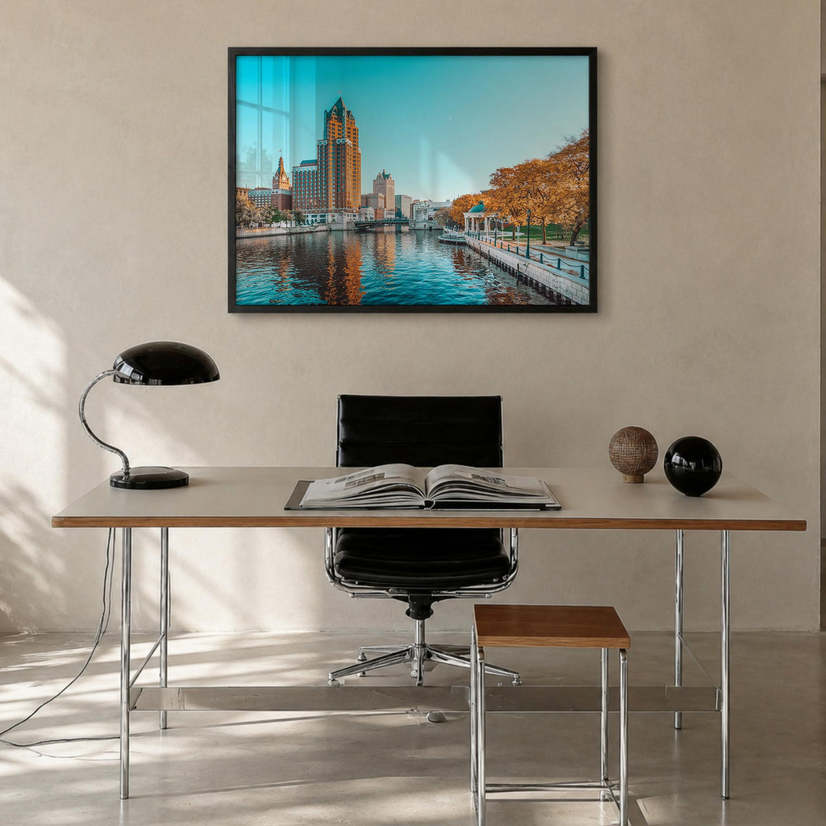 Milwaukee colorful photo poster of Wisconsin, USA – horizontal wall art in black wood frame, hanging on wall