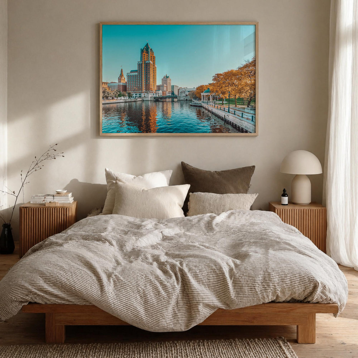 Milwaukee colorful photo poster of Wisconsin, USA – horizontal wall art in natural wood frame, hanging on wall