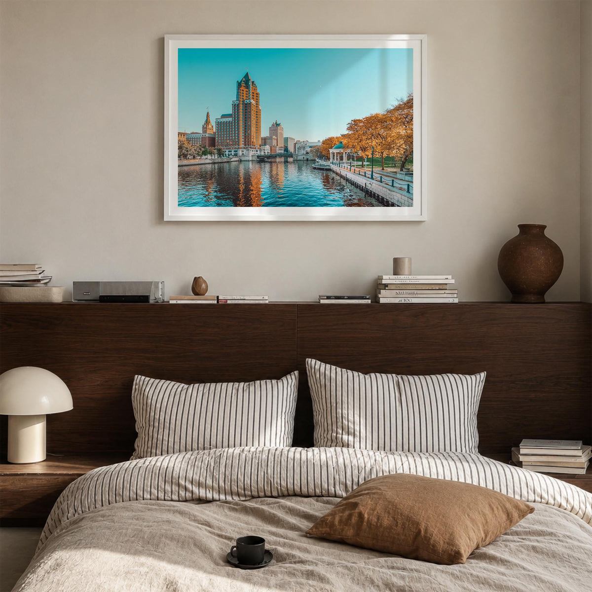 Milwaukee colorful photo poster of Wisconsin, USA – horizontal wall art in white wood frame with white border, hanging on wal