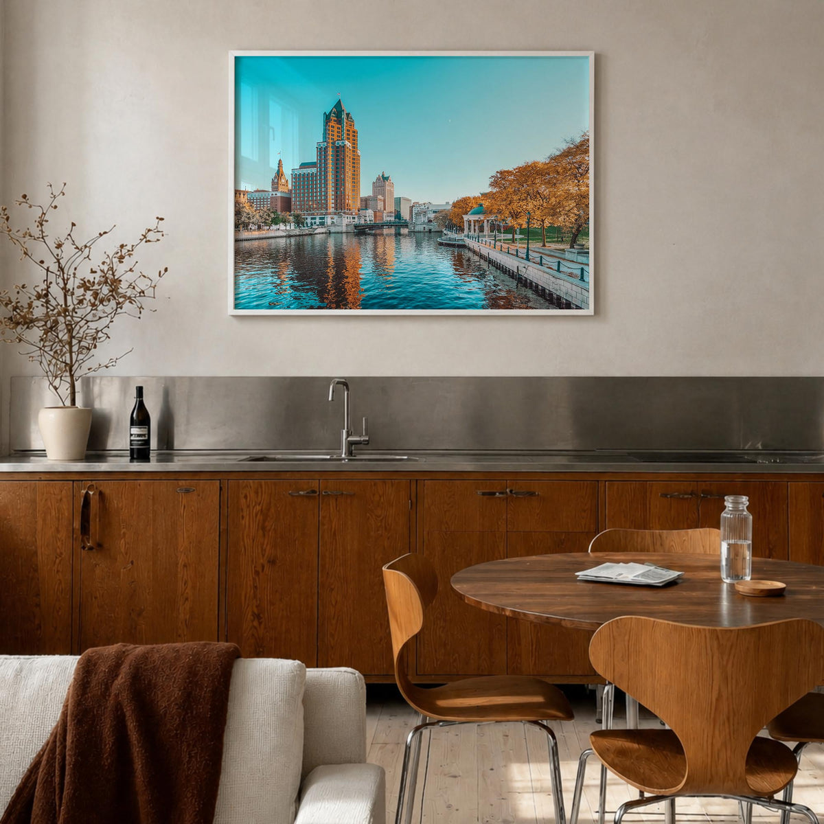 Milwaukee colorful photo poster of Wisconsin, USA – horizontal wall art in white wood frame, hanging on wall