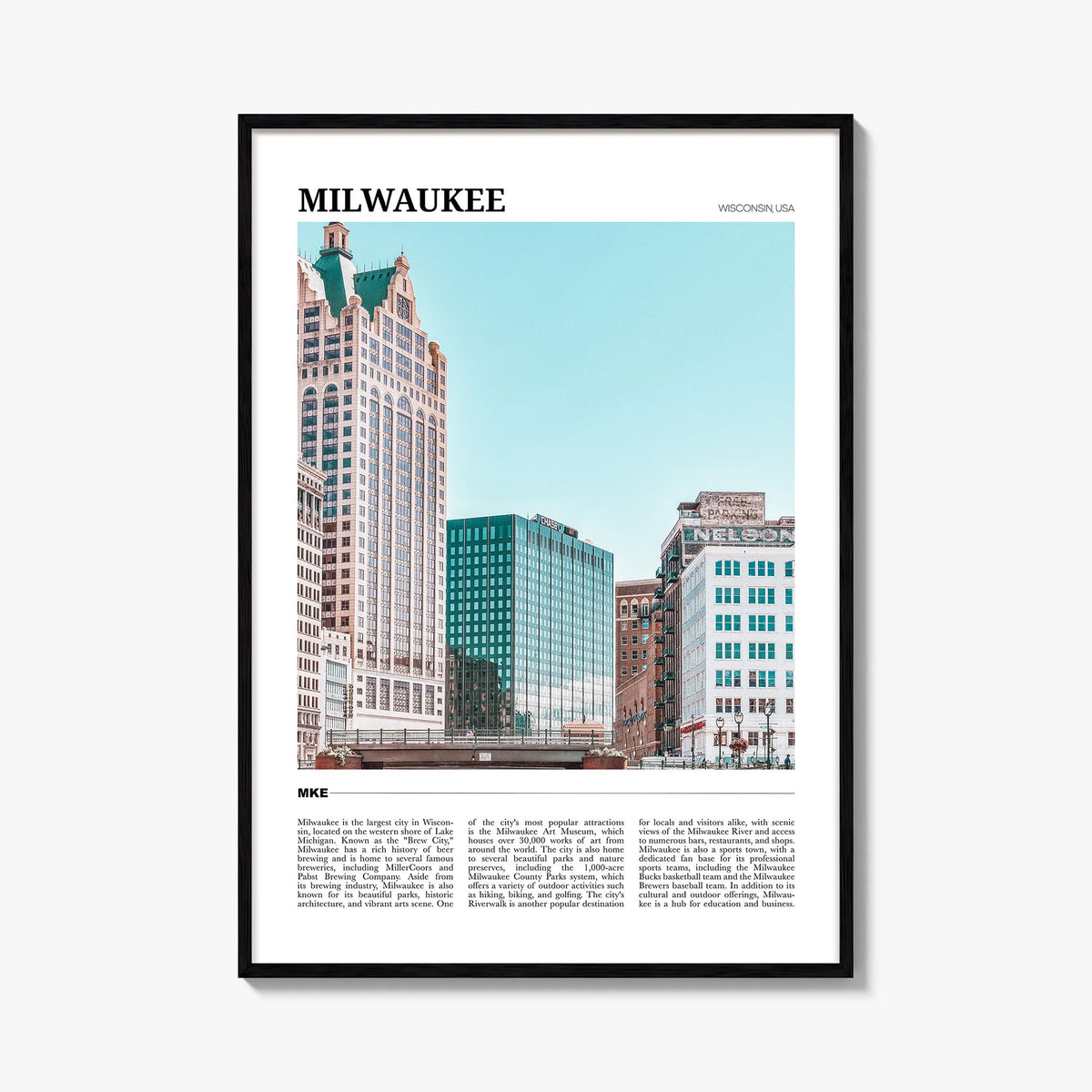 Milwaukee colorful travel poster of Wisconsin, USA – vertical wall art, unframed print shown in interior mockup