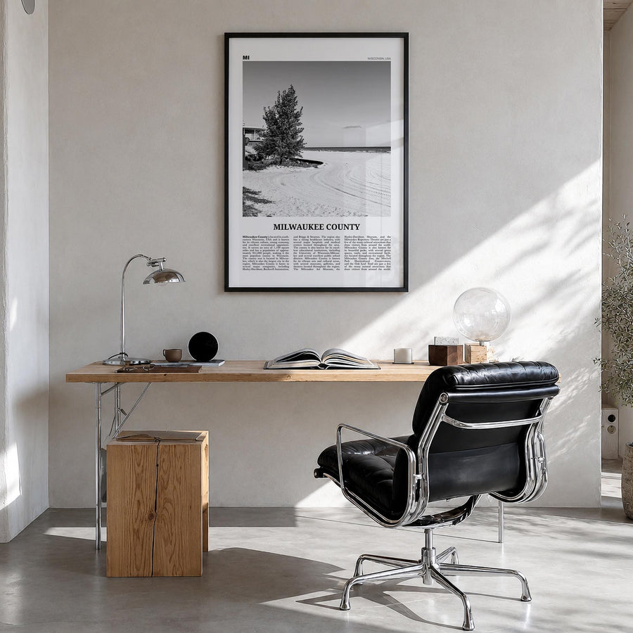 Milwaukee County black & white newspaper poster of Wisconsin, USA – vertical wall art in black wood frame, hanging on wall