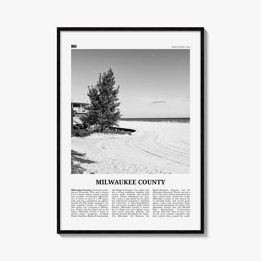 Milwaukee County black & white newspaper poster of Wisconsin, USA – vertical wall art, unframed print shown in interior mocku