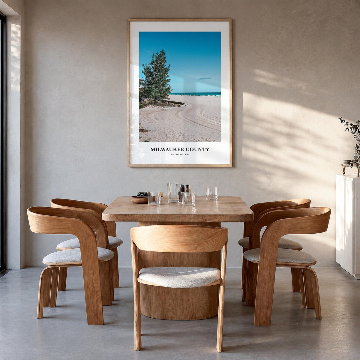 Milwaukee County colorful classic poster of Wisconsin, USA – vertical wall art in natural wood frame, hanging on wall