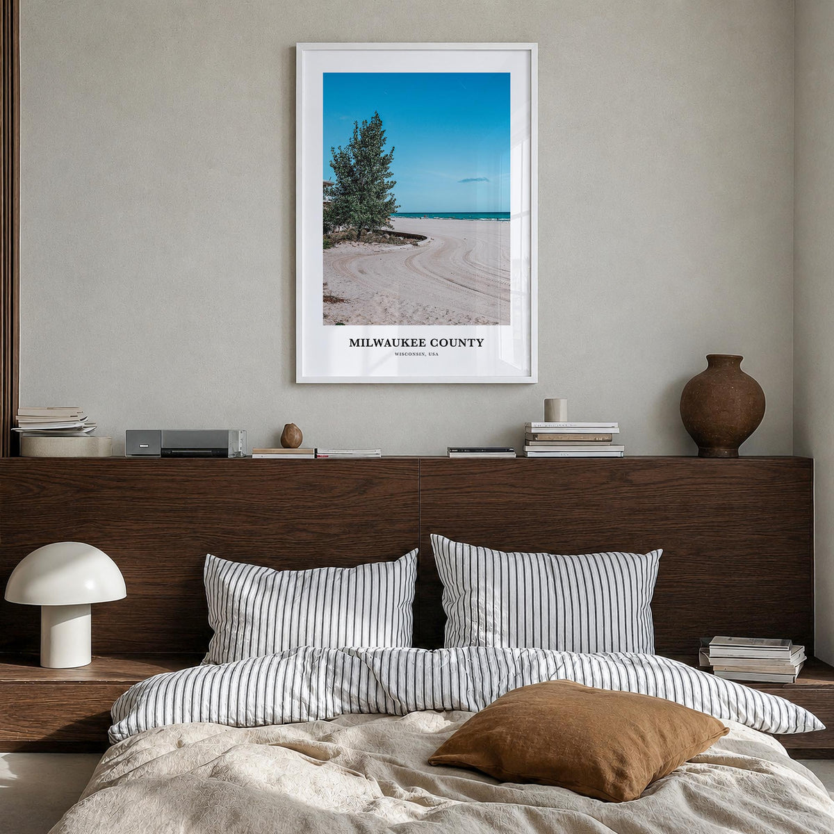 Milwaukee County colorful classic poster of Wisconsin, USA – vertical wall art in white wood frame, hanging on wall