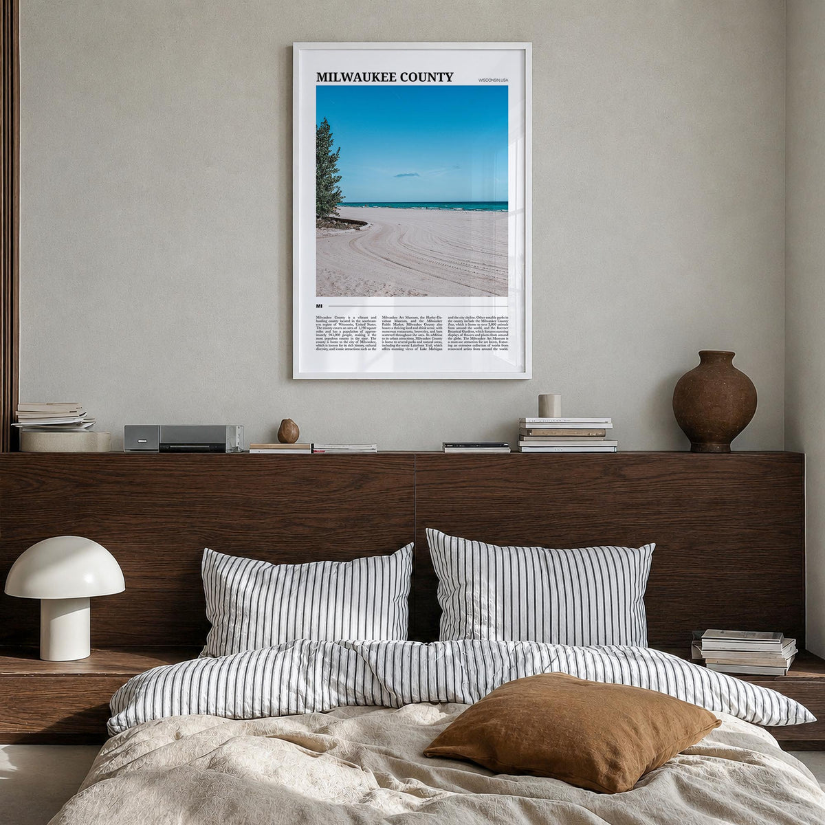 Milwaukee County colorful travel poster of Wisconsin, USA – vertical wall art in white wood frame, hanging on wall