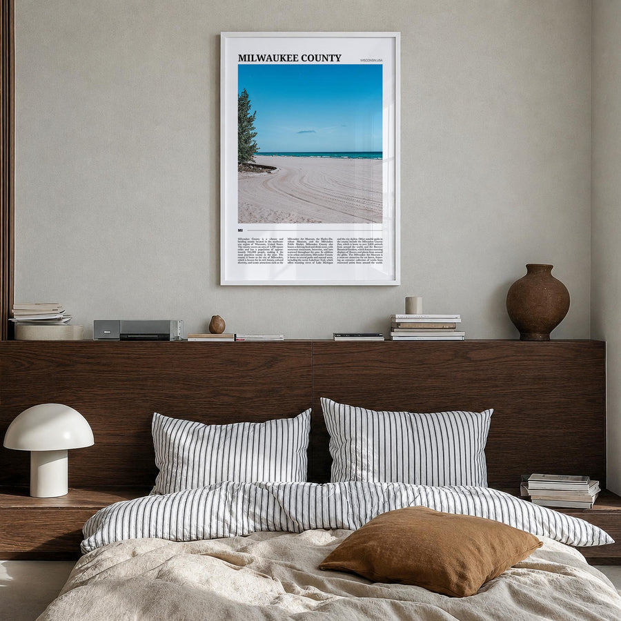 Milwaukee County colorful travel poster of Wisconsin, USA – vertical wall art in white wood frame, hanging on wall