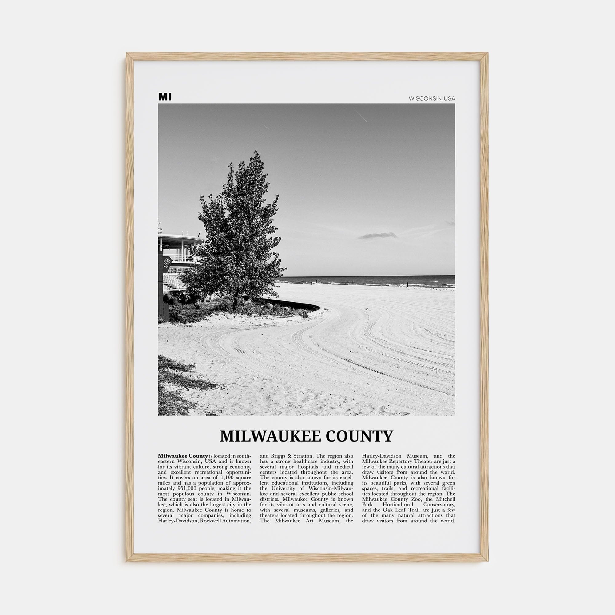 Milwaukee County Poster Natural Wood / 8x12 in Nbourhood Travel B&W Poster