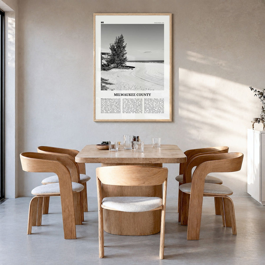 Milwaukee County Newspaper Poster in a natural wood frame, hanging in a dining room