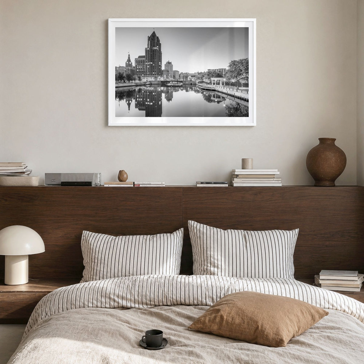 Milwaukee Photo Poster in a white wood frame, hanging in a bedroom, white border