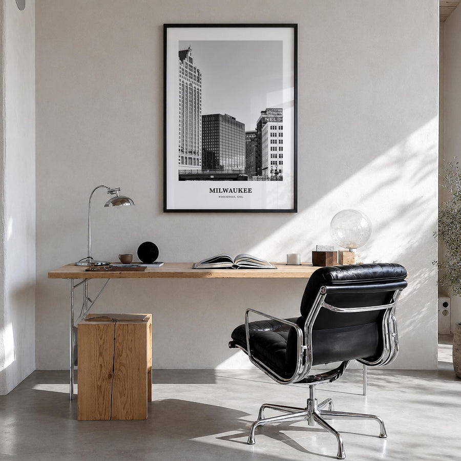 Milwaukee no. 1 black & white classic poster of Wisconsin, USA – vertical wall art in black wood frame, hanging on wall
