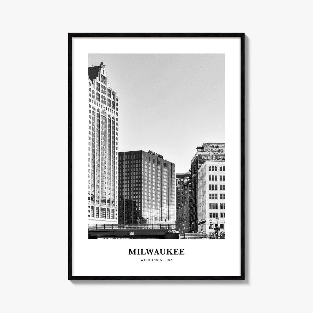 Milwaukee no. 1 black & white classic poster of Wisconsin, USA – vertical wall art, unframed print shown in interior mockup