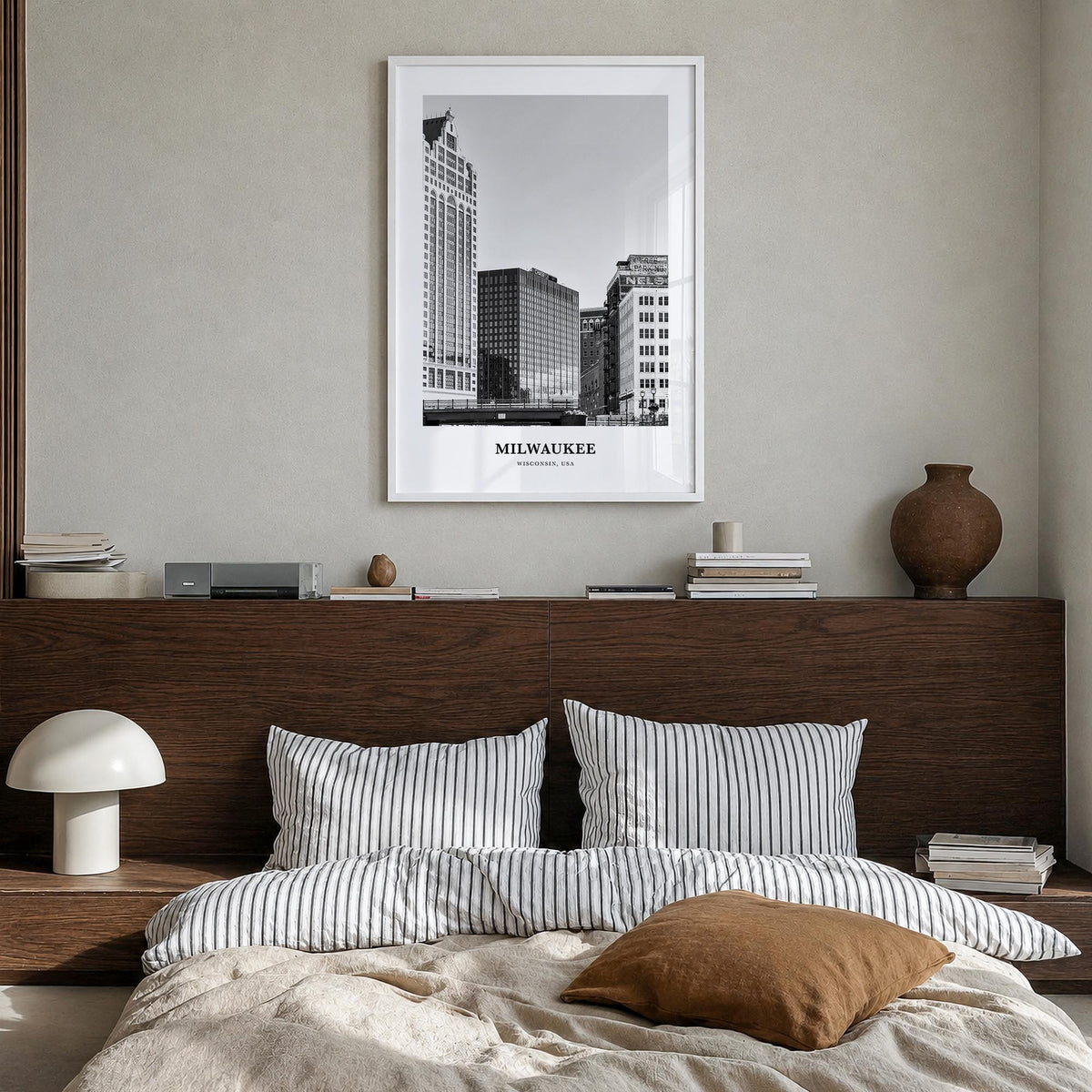 Milwaukee no. 1 black & white classic poster of Wisconsin, USA – vertical wall art in white wood frame, hanging on wall