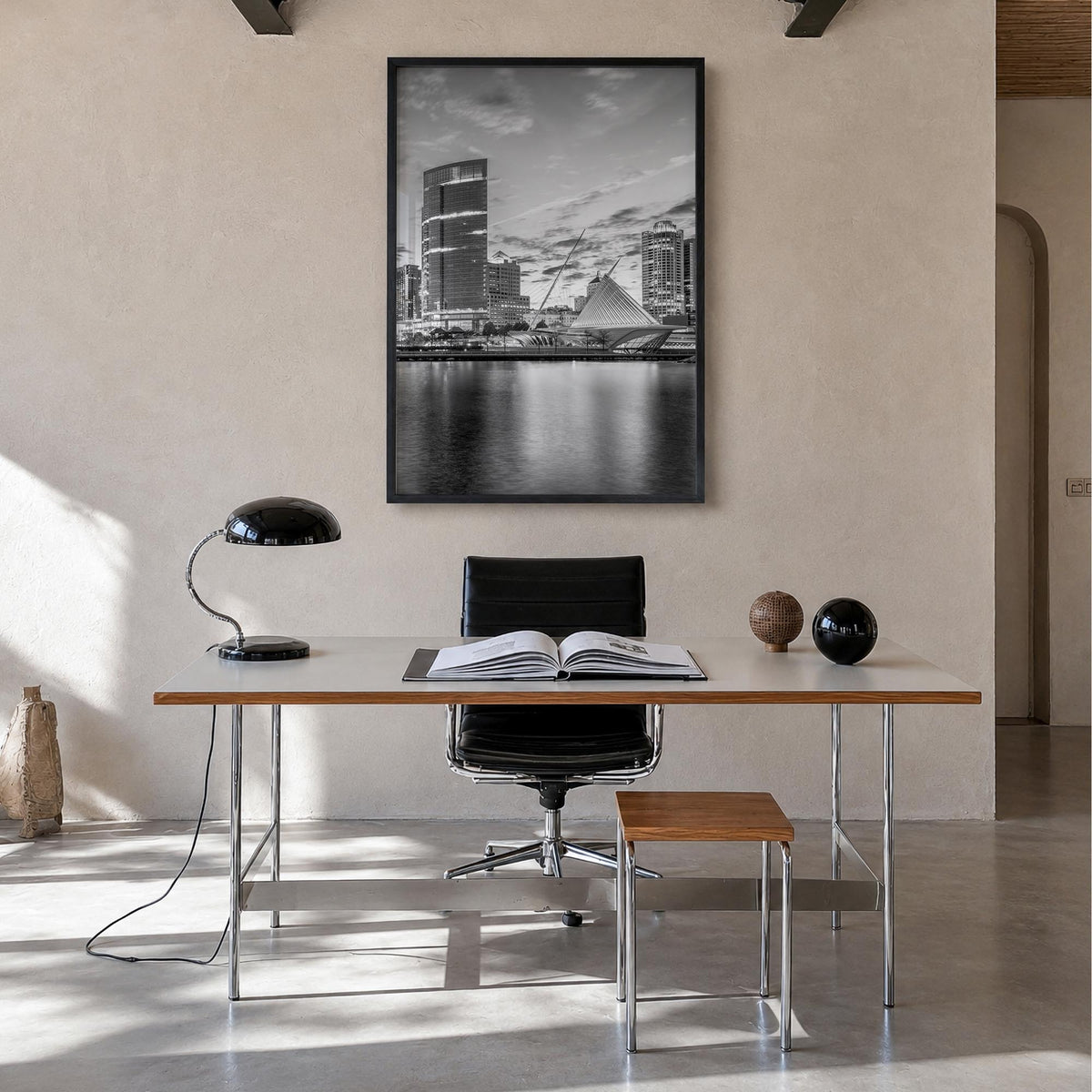 Milwaukee no. 1 black & white photo poster of Wisconsin, USA – vertical wall art in black wood frame, hanging on wall