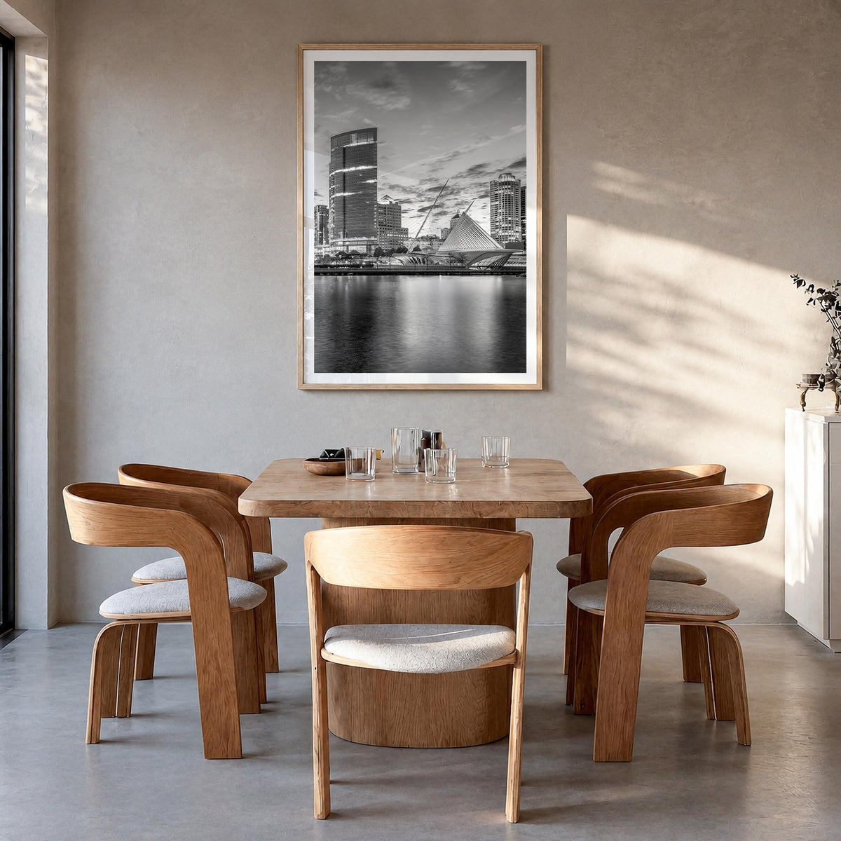 Milwaukee no. 1 black & white photo poster of Wisconsin, USA – vertical wall art in natural wood frame with white border, han