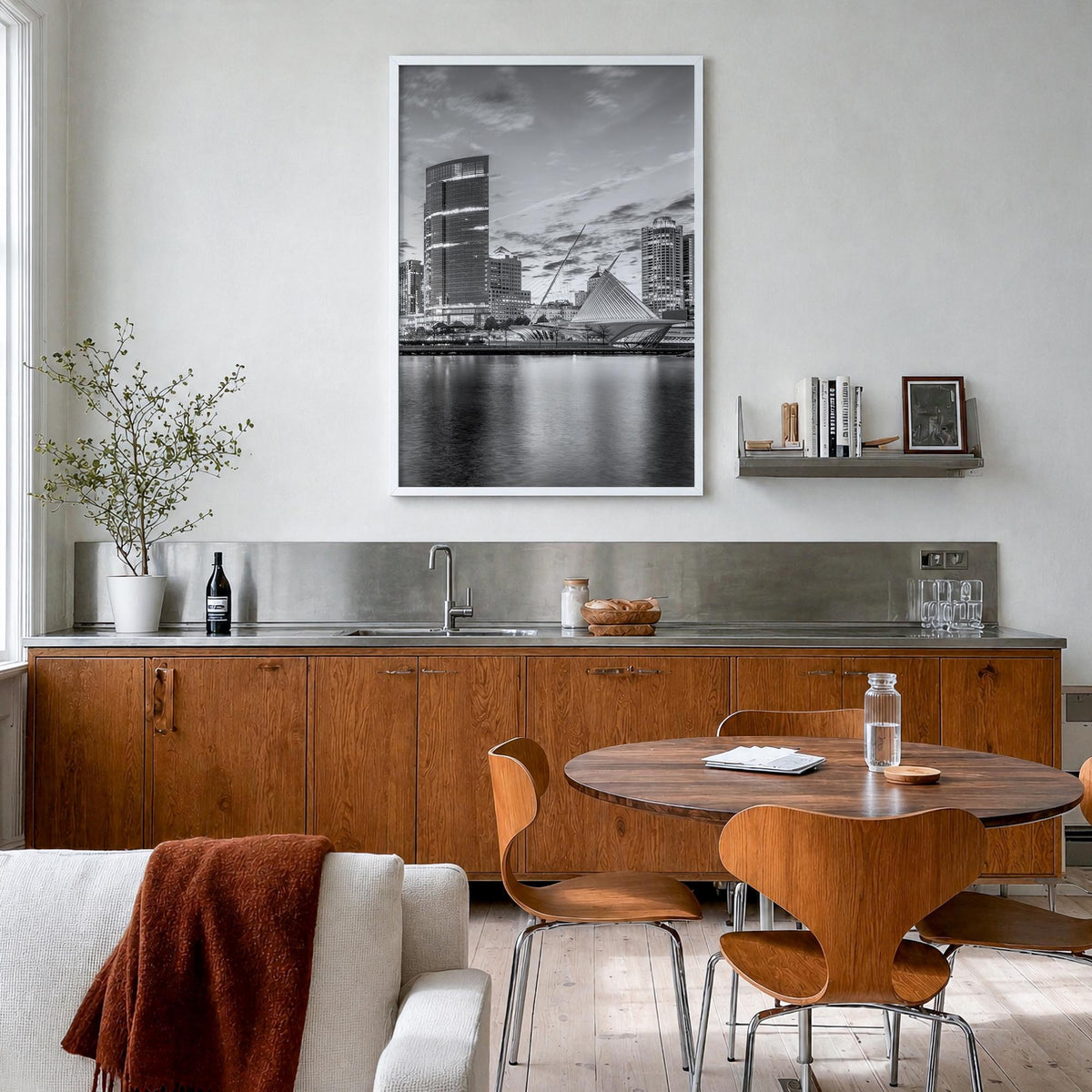 Milwaukee no. 1 black & white photo poster of Wisconsin, USA – vertical wall art in white wood frame, hanging on wall